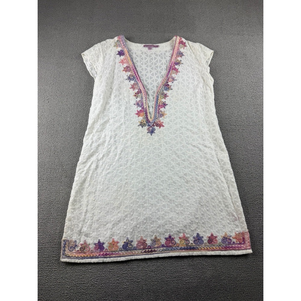 Calypso St. Barth Dress Women M White Embroidered Geometric V-Neck Beach Resort